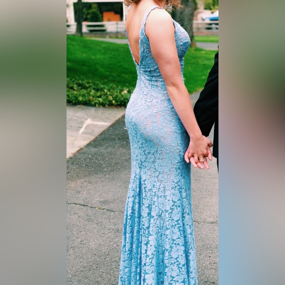 Elegant Blue Lace Evening Gown.